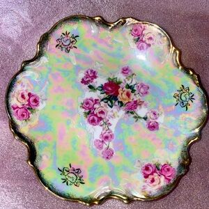 Antique Trinket Dish, Iridescent Floral Rose Gold Edging Limoges France